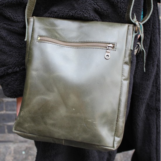 Messenger Medium Push through Bag Olive Green Leather